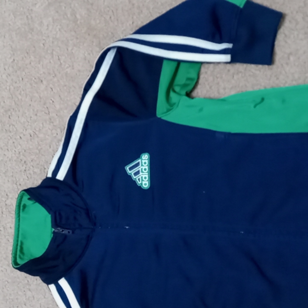 Adidas jacket. Navy & green with 3 white stripes. Kids Sz 4T